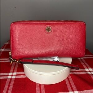 Tory Burch Emerson Red Crossgrain Leather Continental Wallet/Wristlet